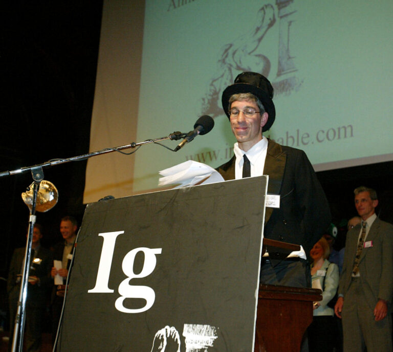 Master of Ceremonies Marc Abrahams addresses the audience during a pre-pandemic Ig Nobel Prize ceremony.