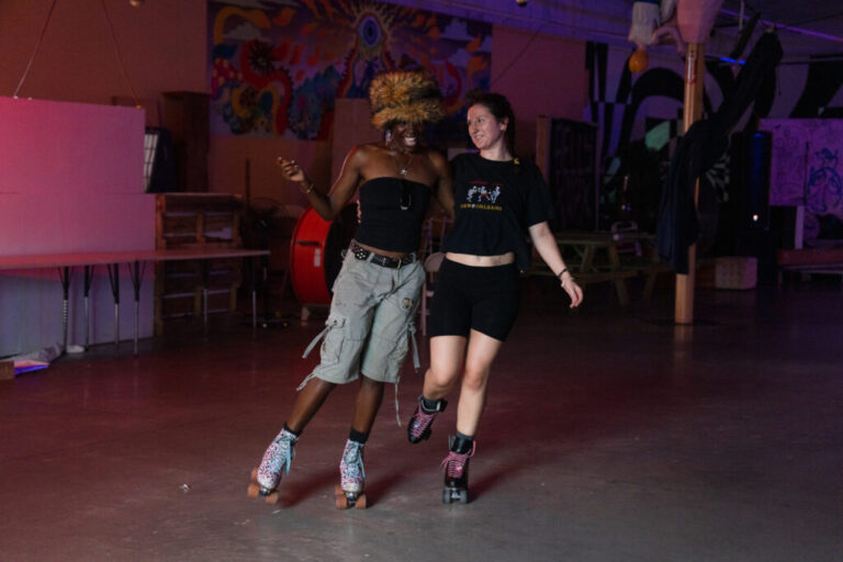 Diana Ledet and Chrishana Simon skate around the New Orleans Free Store, in the lower ninth ward of New Orleans, La. on their free skate night on Aug. 19, 2026.
