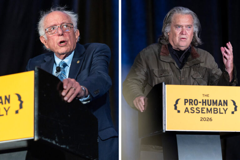 Sen. Bernie Sanders, I-Vt., and former White House Chief Strategist Steve Bannon speak during at the Pro-Human Assembly at the Marriott Marquis Washington on Sept. 15 in Washington, D.C.