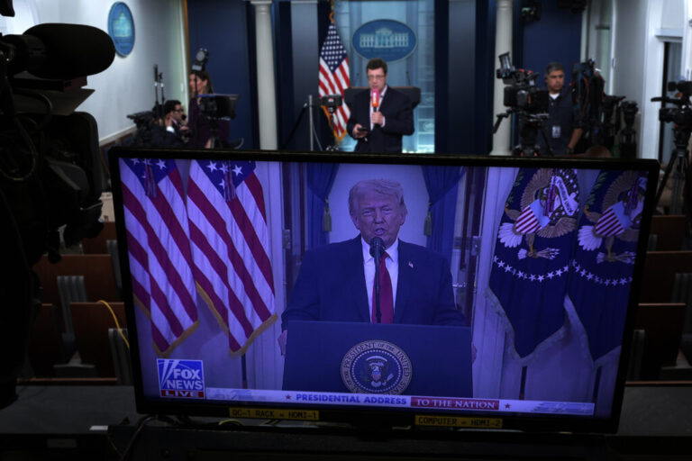 As seen on a TV monitor in the James S. Brady Press Briefing Room of the White House, President Trump speaks from the Cross Hall of the White House on April 1, 2026 in Washington, DC.