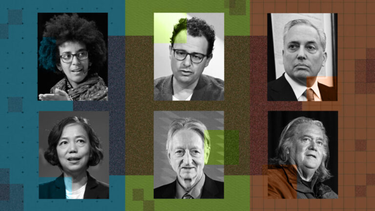 A collage of 6 artificial intelligence figures, clockwise from top left: Then-Google AI research scientist Timnit Gebru, Anthropic Co-founder and CEO Dario Amodei, White House AI and crypto czar David Sacks, Steve Bannon, computer scientist and cognitive psychologist Geoffrey Hinton, researcher Fei-Fei Li.