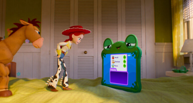 An animated scene from Toy Story 5 shows horse toy Bullseye, and cowgirl doll Jessie angrily confronting Lilypad, a tablet that looks like a frog.