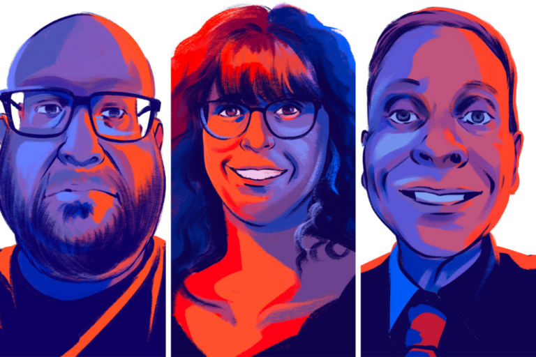 From left, illustrated portraits of Pennsylvania swing voters Stephen, Colleen and John.