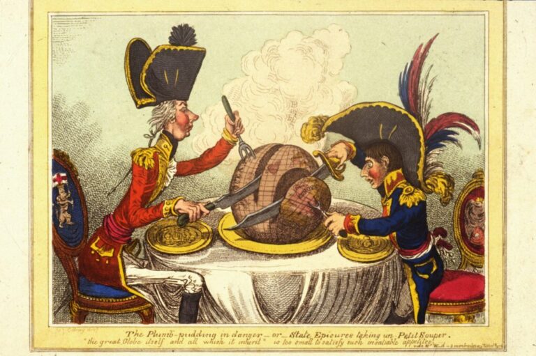A satirical cartoon by James Gillray, showing British Prime Minister William Pitt and the French leader Napoleon Bonaparte, carving up the world between them. Entitled 'The Plumb Pudding in Danger' - pub. 26th February 1805
