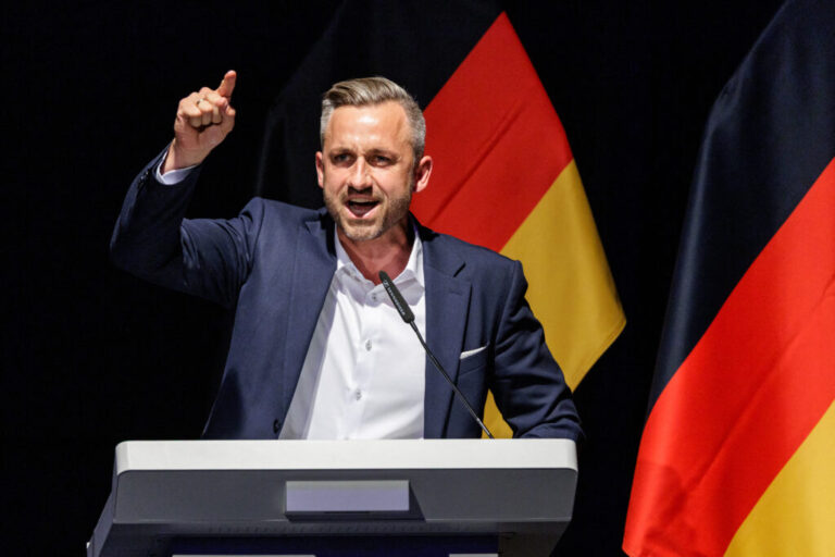 Ulrich Siegmund, the far-right Alternative for Germany’s candidate in Saxony-Anhalt, speaks at the Generation Germany youth group’s federal congress in Magdeburg, Aug. 29.
