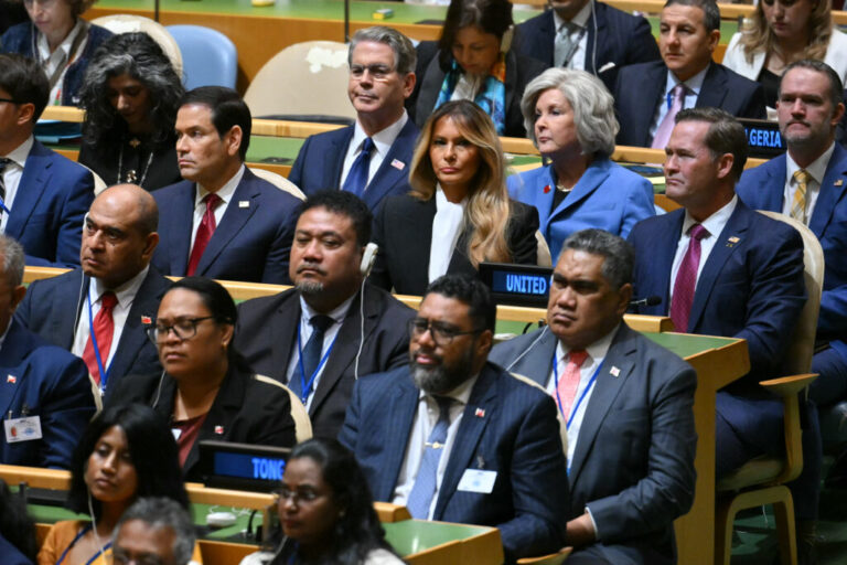 From left, Secretary of State Marco Rubio, Treasury Secretary Scott Bessent, first lady Melania Trump, White House chief of staff Susie Wiles, U.S. Ambassador to the United Nations Mike Waltz and U.S. Trade Representative Jamieson Greer listen as President Trump addresses the 81st United Nations General Assembly at U.N. headquarters in New York on Sept. 22.