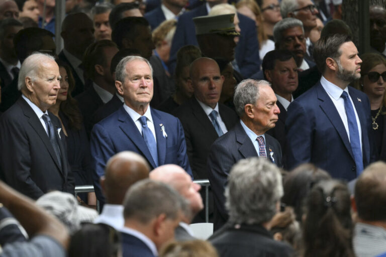 Former US President Joe Biden, former US President George W. Bush, former New York City Mayor Michael Bloomberg, and Vice President JD Vance attend the 25th anniversary commemoration of the September 11, 2001 attacks at the National September 11 Memorial in New York on September 11, 2026.