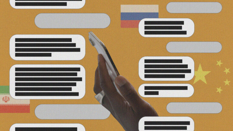 A photo illustration showing a hand holding a smart phone with AI chat bot bubbles floating nearby. The Chinese, Russian and Iranian flags are tucked behind some of the chat bot responses.