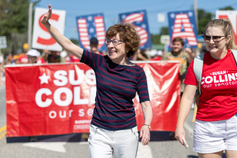 GOP Sen. Susan Collins walks in the annual Moxie Day Parade on July 11, 2026, in Lisbon, Maine.