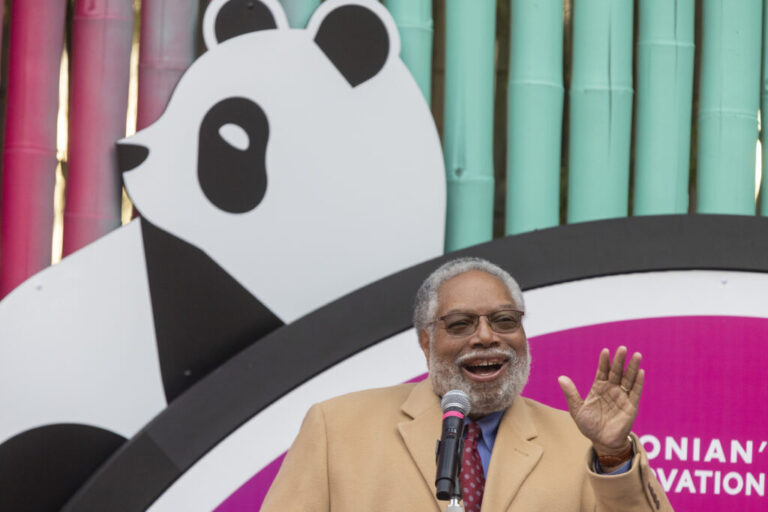 Secretary Lonnie G. Bunch III, who resigned as head of the Smithsonian Institution Tuesday, makes remarks at a ceremony welcoming the public to see the new giant pandas at the National Zoo, Bao Li and Qing Bao on Jan 24, 2025.