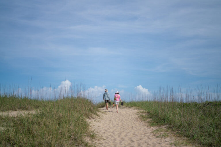 A man and a woman, their backs to the camera, walk barefoot along a sandy path at the coast. Tall green grass lines both sides of the path.