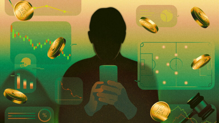 An illustration of a man in silhouette holding a smart phone. He is surrounded by images of Bitcoins, charts, sports and a gavel.