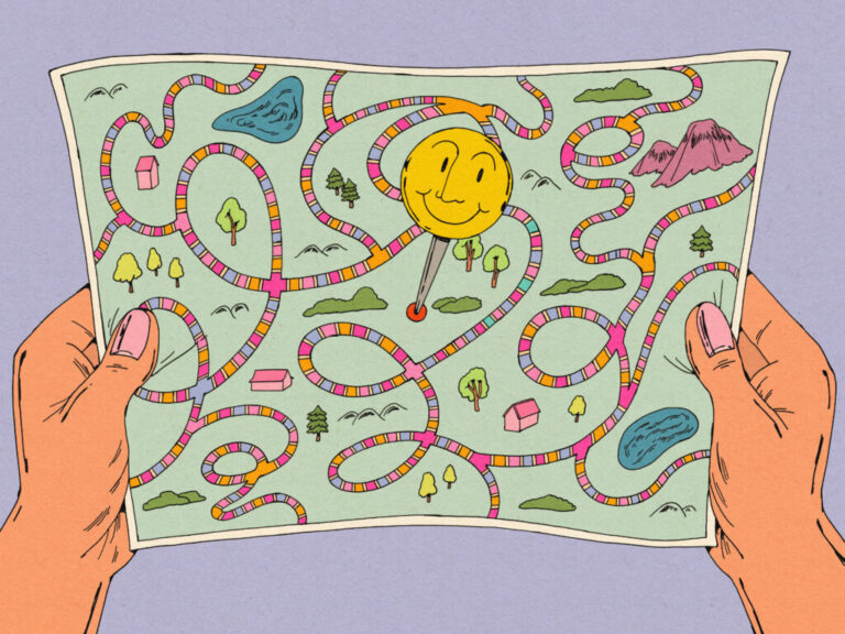 An illustration showing a pair of hands holding a paper map displaying winding pathways against a purple background. In the middle of the map is a large pin with a happy face as its head.