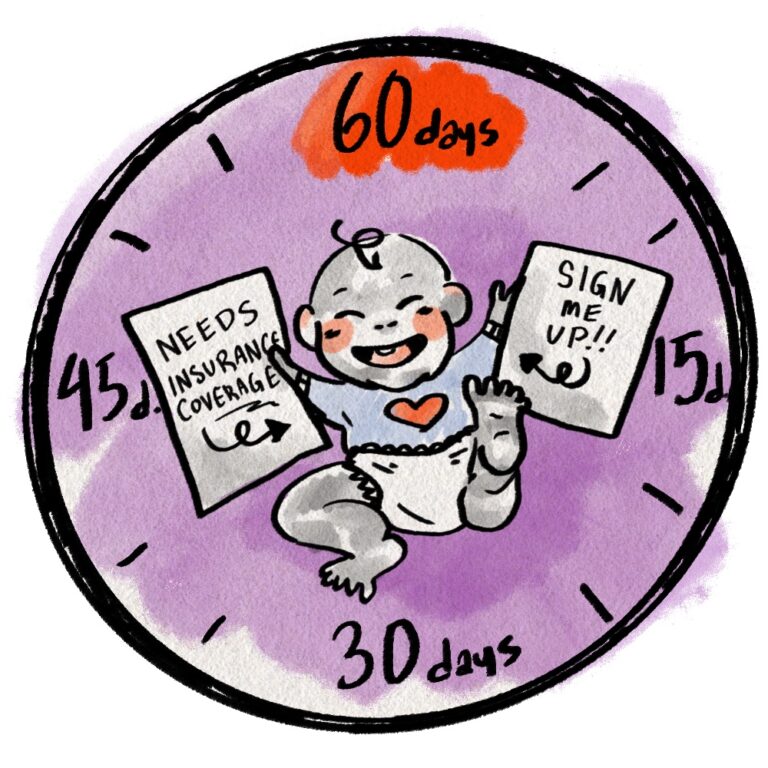 This illustration shows a baby in the middle of a clockface with days instead of hours marked around the rim: 15 days, 30 days, 45 days and 60 days. The smiling baby is holding papers that say: