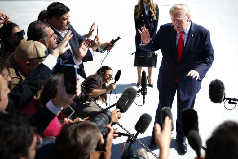 President Donald Trump stops to speak to members of the media as he departs on the South Lawn of the White House on October 13, 2026 in Washington, D.C. elections.