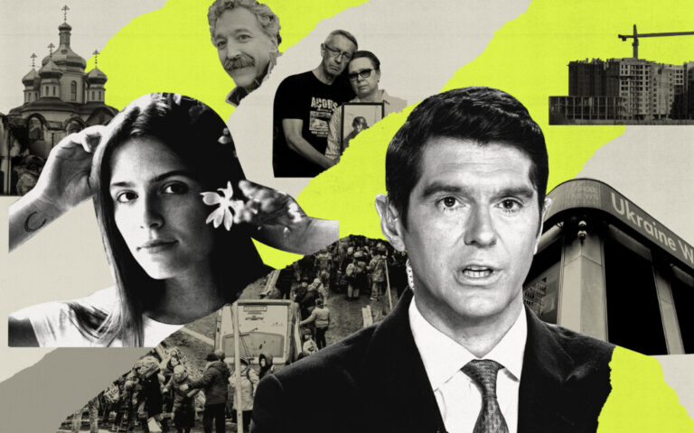 This collage of images includes Fox News reporter Benjamin Hall, scenes from the war in Ukraine and black-and-white photos of two journalists who died while he was reporting on the war, Oleksandra Kuvshynova and Pierre Zakrzewski.