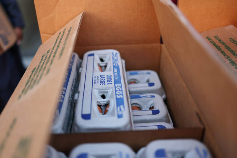 Eggs are given out for free in front of Brown Butter Craft Bar & Kitchen in New York City on March 21, 2025. The cost of a dozen eggs reached a record high of $6.23 that month.