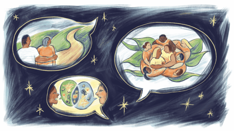 An illustration of speech bubbles in a starry dark sky, with images of people helping each other in each of them.