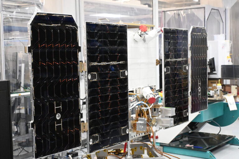 A prototype of the Project Suncatcher satellite at the Planet Labs facility in San Francisco, California.