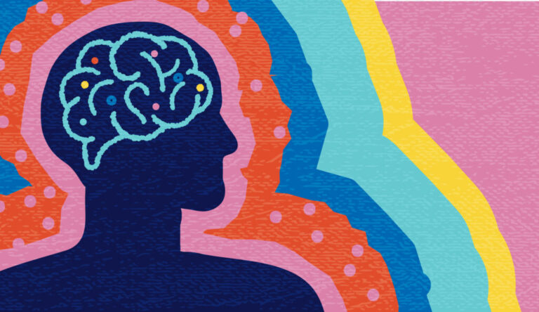 Vector illustration of Abstract Mental Health PTSD concept with human silhouette with brain and health management elements, symptoms, issues, science, treatment.