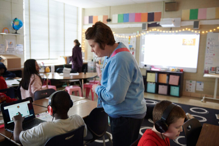 Principal Condra Allred visits a third grade class at Cleveland Elementary School in Cedar Rapids, Iowa.