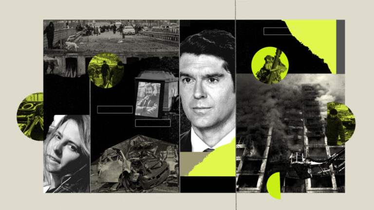 This collage shows Fox News correspondent Benjamin Hall, Oleksandra Kuvshynova and Pierre Zakrzewski's casket, along with photos from the war in Ukraine. All the photos are in black-and-white.