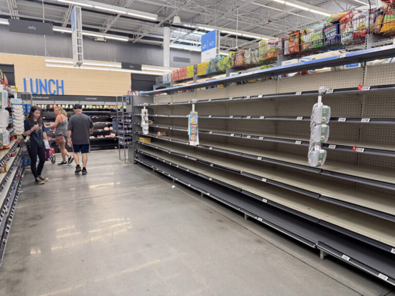 The bread aisle in a Walmart store is empty as people stock up ahead of the possible arrival of Hurricane Isaias on October 08, 2026 in Gulf Breeze, Florida. Hurricane Isaias is in the Gulf of Mexico as the season's first Atlantic hurricane, with sustained winds of 80 to 85 mph. It is projected to make landfall along the northern U.S. Gulf Coast as a category two or lower hurricane by late Friday or early Saturday.