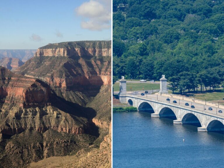 Historic preservation advocates say the Grand Canyon (left) and Arlington Memorial Bridge (right), where President Trump wants to build a 250-foot arch, are examples of historic sites that would lose protection under the proposed changes.