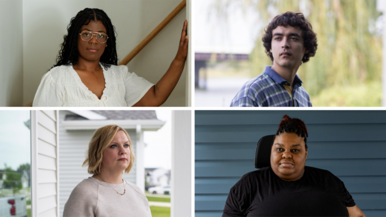 Clockwise from upper left: Marissa Pike, Tyrone Laundersville, Rasheeda McCrae and Samanthya Marlatt share their experiences in foster care. Marissa Pike has long dark braided hair, she has glasses and she is wearing a white top, Tyrone Laundersville has brown curly hair and is wearing a blue plaid polo shirt, Rasheeda McCrae has dark braids and is using an electric wheelchair and Samanthya Marlatt has chin-length wavy blonde hair and is wearing a cream sweater.