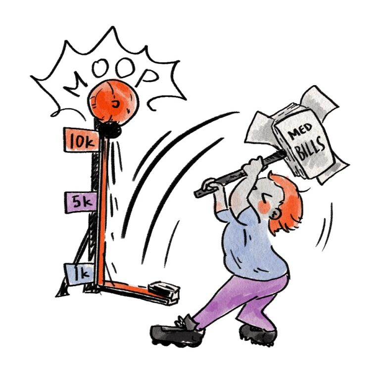 This illustration shows a person holding up a mallet that says
