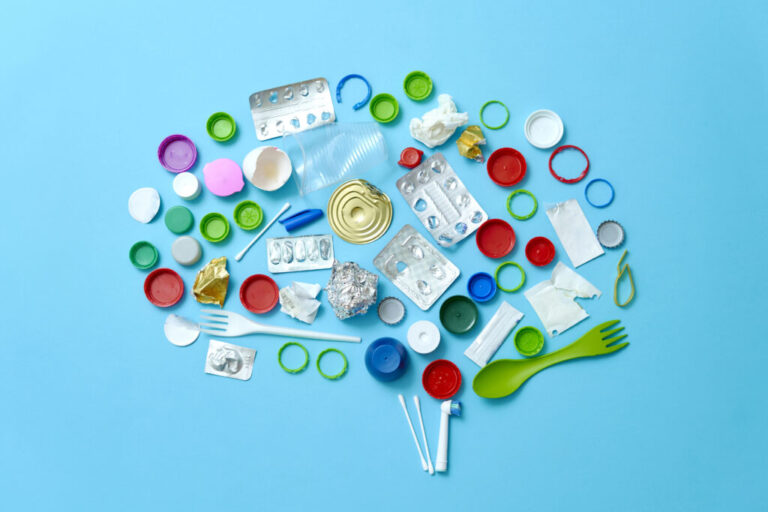 Various pieces of colorful trash, such as plastic bottle caps and plastics forks, are arranged in the shape of a human brain, on a light blue background.