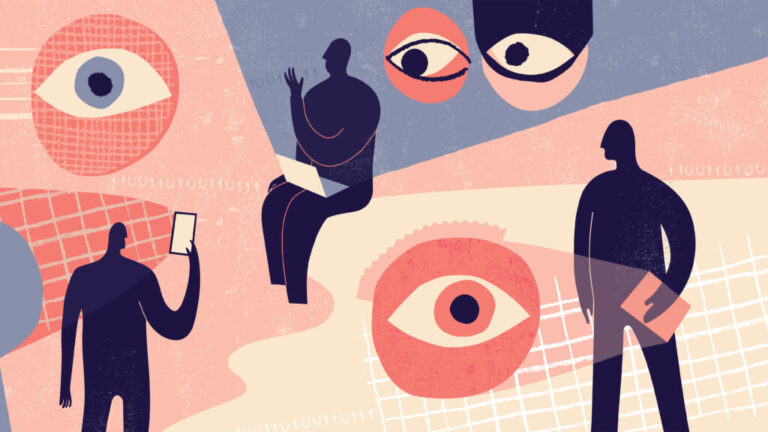 A pink, peach and purple illustration with eye balls and silhouetted people on laptops and tablets