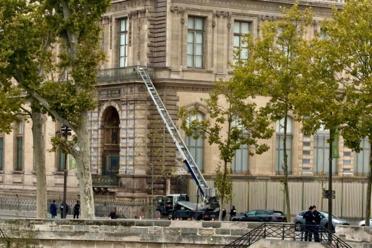 A basket lift used by thieves is seen at the Louvre museum on Sunday in Paris.