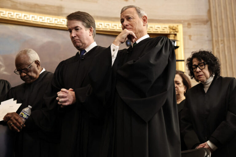 From left to right, Supreme Court Justices Clarence Thomas and Brett Kavanaugh, Chief Justice John Roberts and Justice Sonia Sotomayor bow their heads during presidential inauguration ceremonies on January 20, 2025 in Washington, D.C.