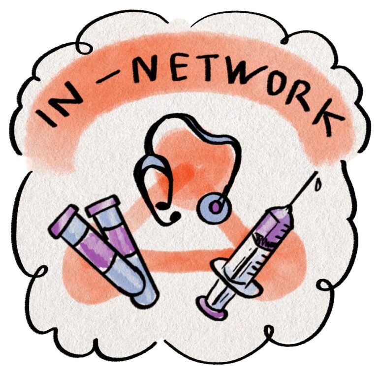 This illustration shows a stethoscope, a syringe and two test tubes, all with the term