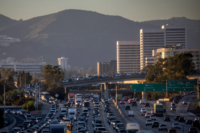Traffic moves along the 405 Freeway on Feb. 13 in Los Angeles.