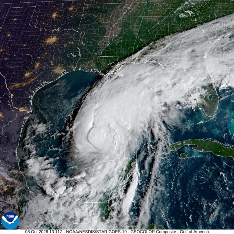 Hurricane Isaias is heading toward the northern Gulf Coast, as seen in this satellite image captured at sunrise Thursday morning. Forecasters say the storm could make landfall late Friday or early Saturday.