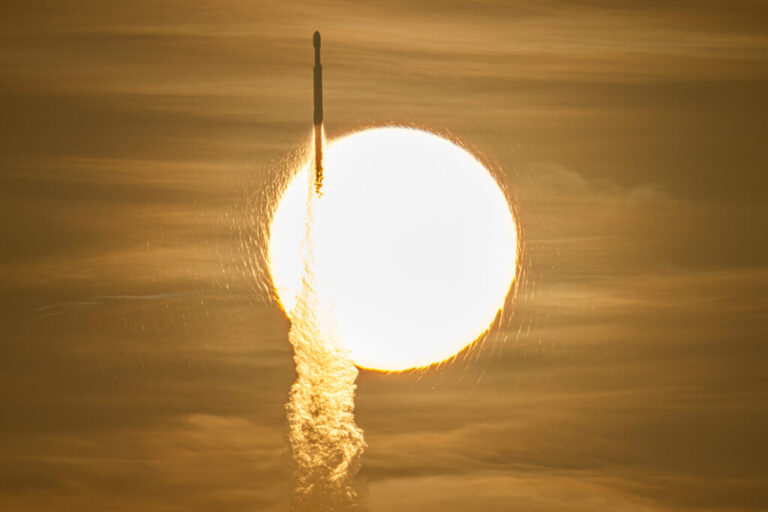 A SpaceX Falcon Heavy rocket with NASA’s Nancy Grace Roman Telescope on board is seen transiting the sun during its Aug. 30 launch from NASA’s Kennedy Space Center in Florida. The Roman telescope, named after the agency’s first chief astronomer, will help scientists study dark energy, exoplanets and the evolution of the universe.