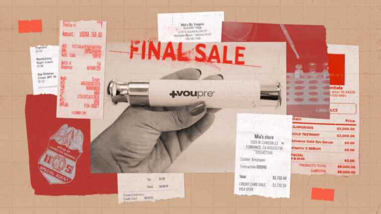 This collage shows receipts for thousands of dollars and a photo of a hand holding a high-end cosmetic product by Voupre with a stamp above it that reads